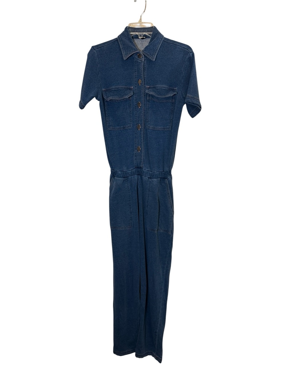 Monrow Blue Soft Cotton Terry Denim Casual Jumpsuit Topstitch Detail Sz XS